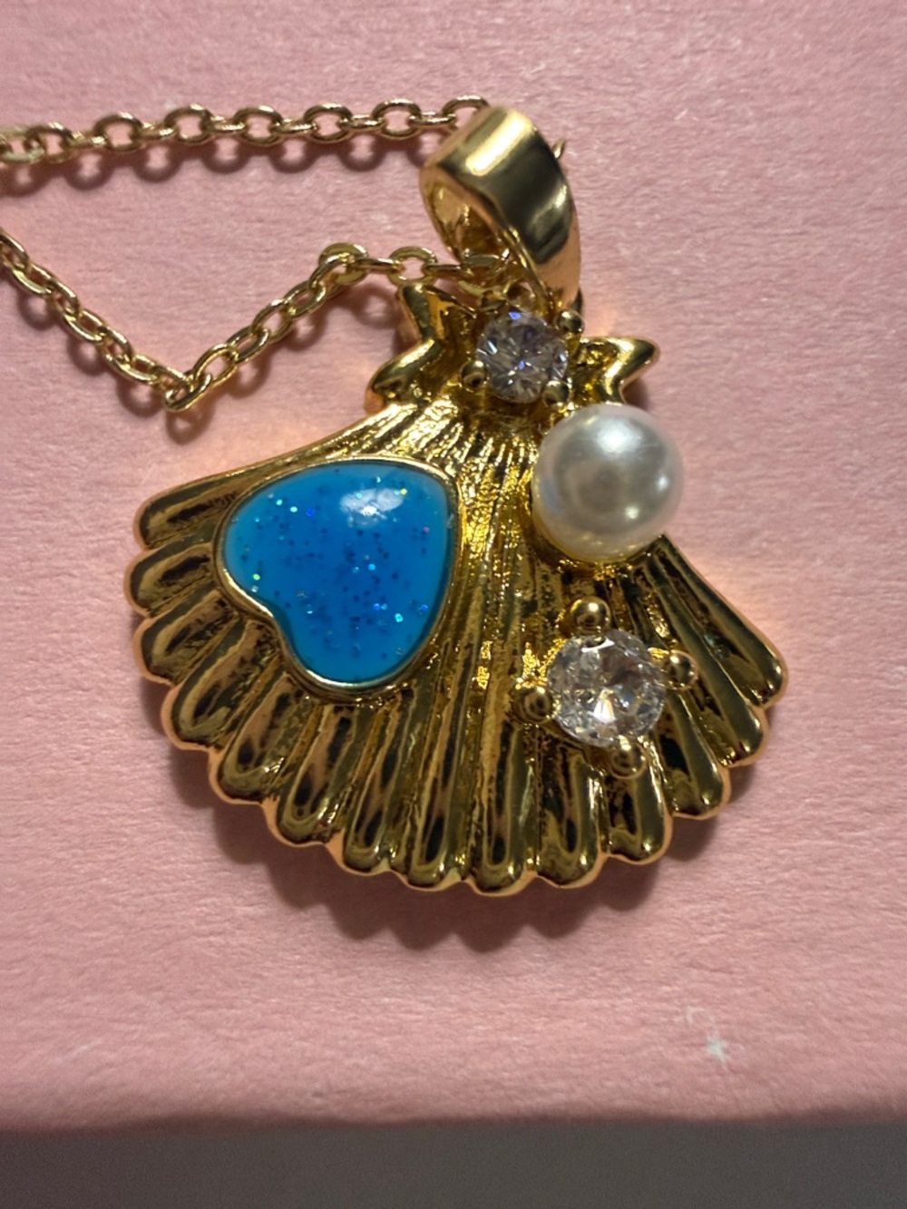 Adina Eden Gold Shell Pendant Necklace with Blue Enamel Heart and Pearl